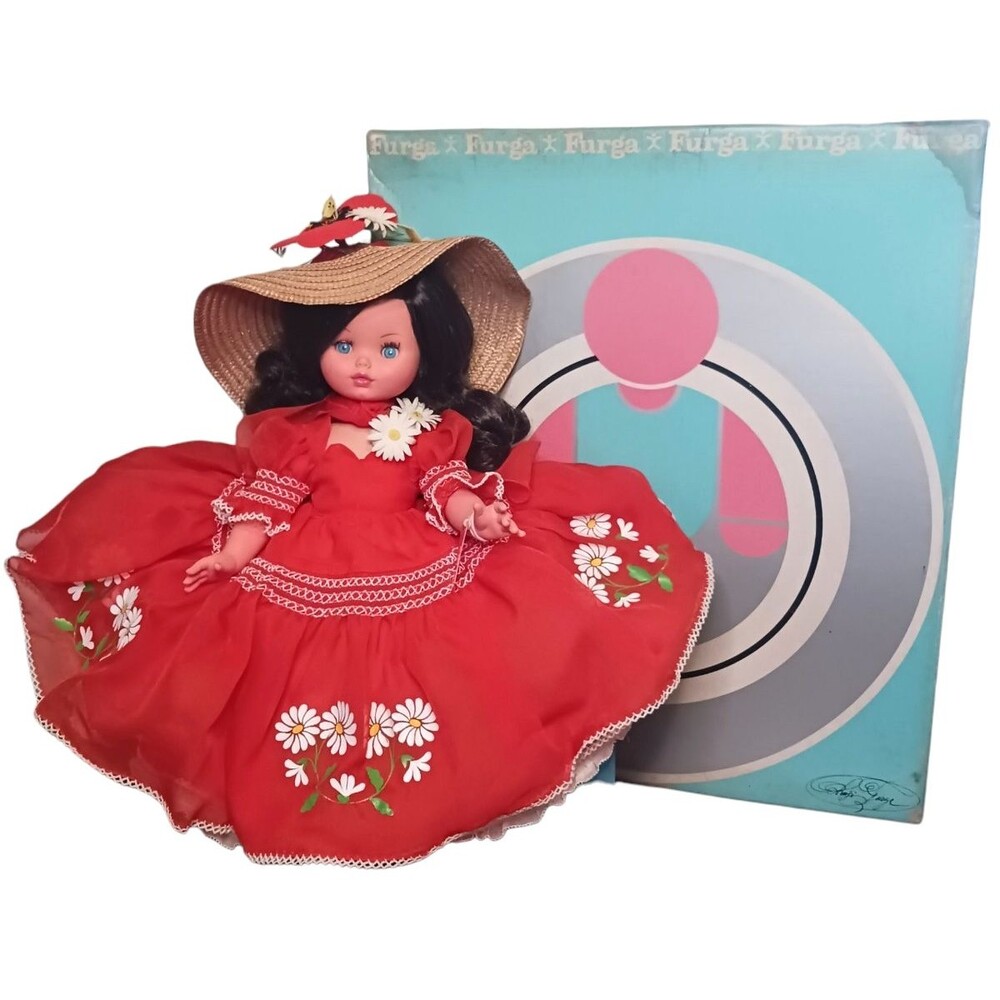 Vtg 1960's Furga 3205 Valentina 18" Girl Doll Rust Daisy Dress & Straw Hat Italy